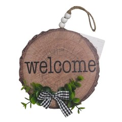 Rustic Farmhouse Welcome Sign Faux Wood Slice Gingham Bow Greenery Country Decor