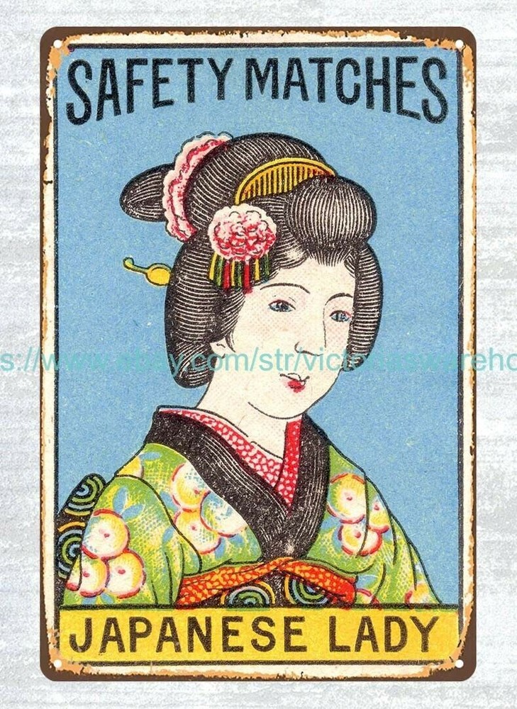 family wall art asian matchbox art cock Japanese lady metal tin sign