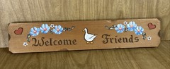Vtg Welcome Friends Wooden Sign Hand Painted Goose Floral Hearts Country Granny