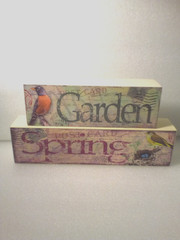 SPRING Birds w/Nest POSTCARD Wood Shelf Sitter Sign Garden Table Decoration