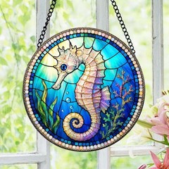 Seahorse Stained Glass Suncatcher, Coastal Ocean Window Hanging