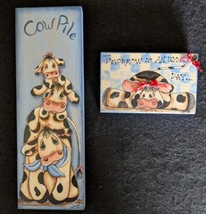 Lot of 2 Vintage Folk Art Tole Painting Wooden Cow Kitchen Signs/Plaques CUTE!