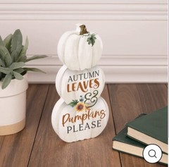 White Pumpkins Fall Shelf Sitter Block Wood Sign – Autumn Leaves