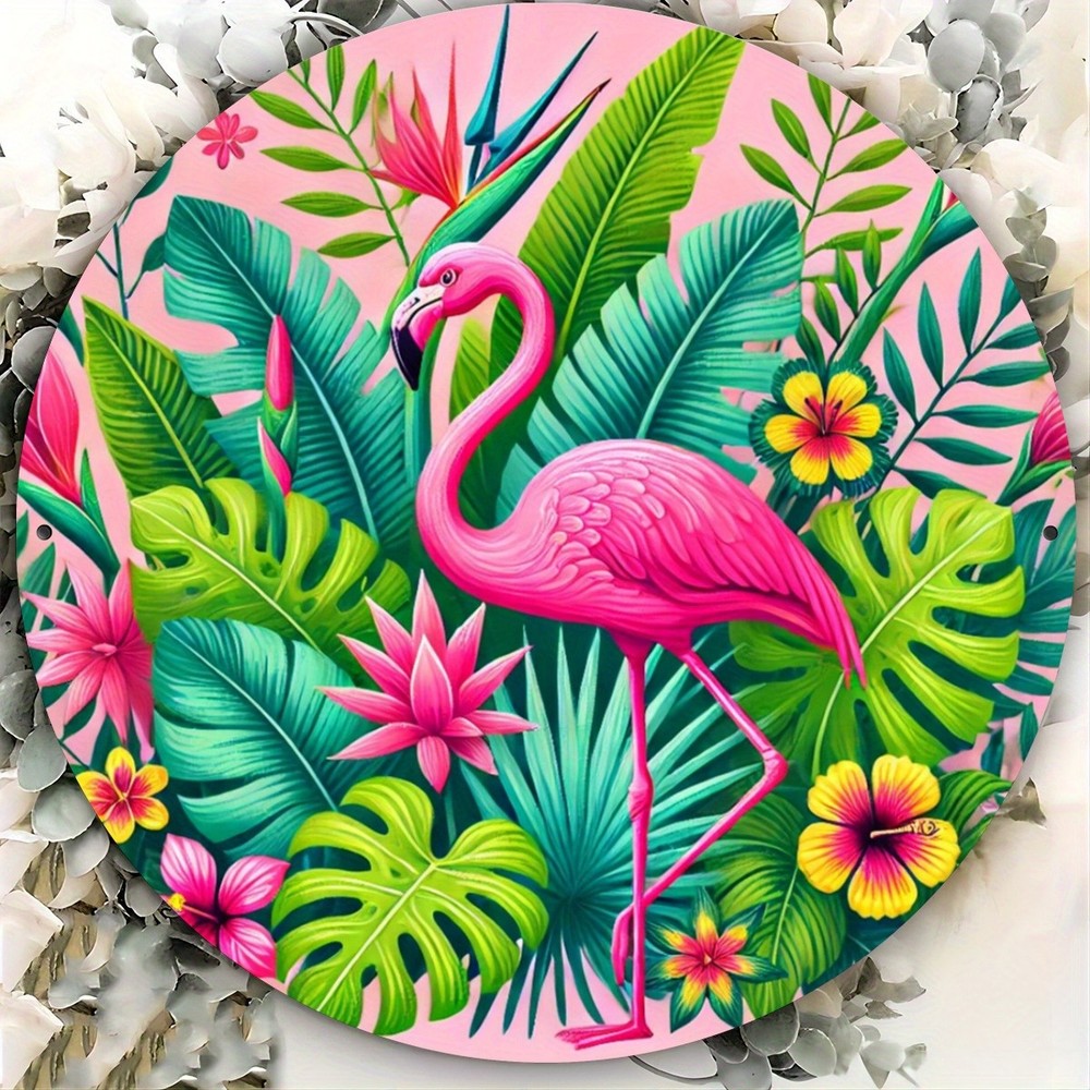 20x20cm 2D Printed Tin Metal Signs: Pink Flamingo in Tropical Paradise, Perfect