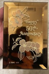 Happy 50th Anniversary Pattern Gold Colored Glass Mirror Plaque 4” X 6”