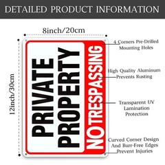 4 Pack Large Private Property No Trespassing Sign 8X12 Inch Rust Free Aluminum.