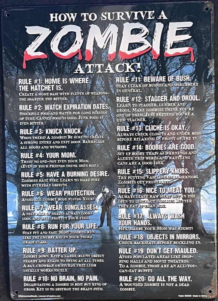 How to Survive A ZOMBIE Attack! 20 Rules! 8.25″ x 11.5″ Tin Metal Sign by Kalan
