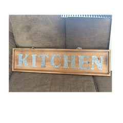 Wooden Farmhouse Kitchen Hanging Wall Sign with Metal Chain, Brown & White
