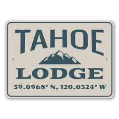 Tahoe Lodge Coordinates Sign Destination Sign, Lake House Cabin Metal Sign