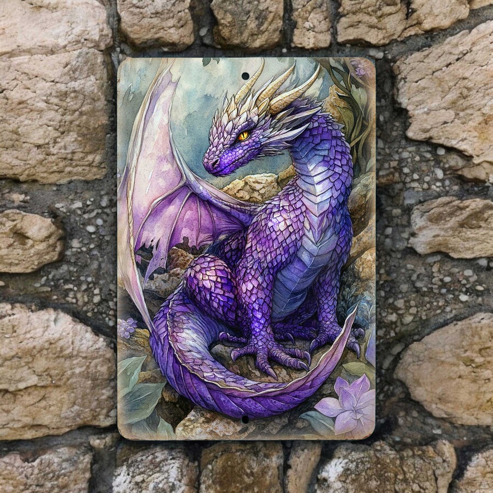 Purple Dragon Metal Wall Sign – 8×12 Fantasy Decor for Fans of Dragons & Myth