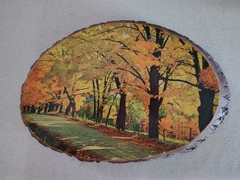 Vintage Wall Art Live Edge Slab Wood Slice Decoupage Fall Scene ~ 14.5″ x 9.5″