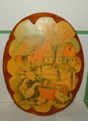 Vintage 1940’s Wood Nursery Plaque Farm Barnyard Ducks Water Bucket Pump Flowers