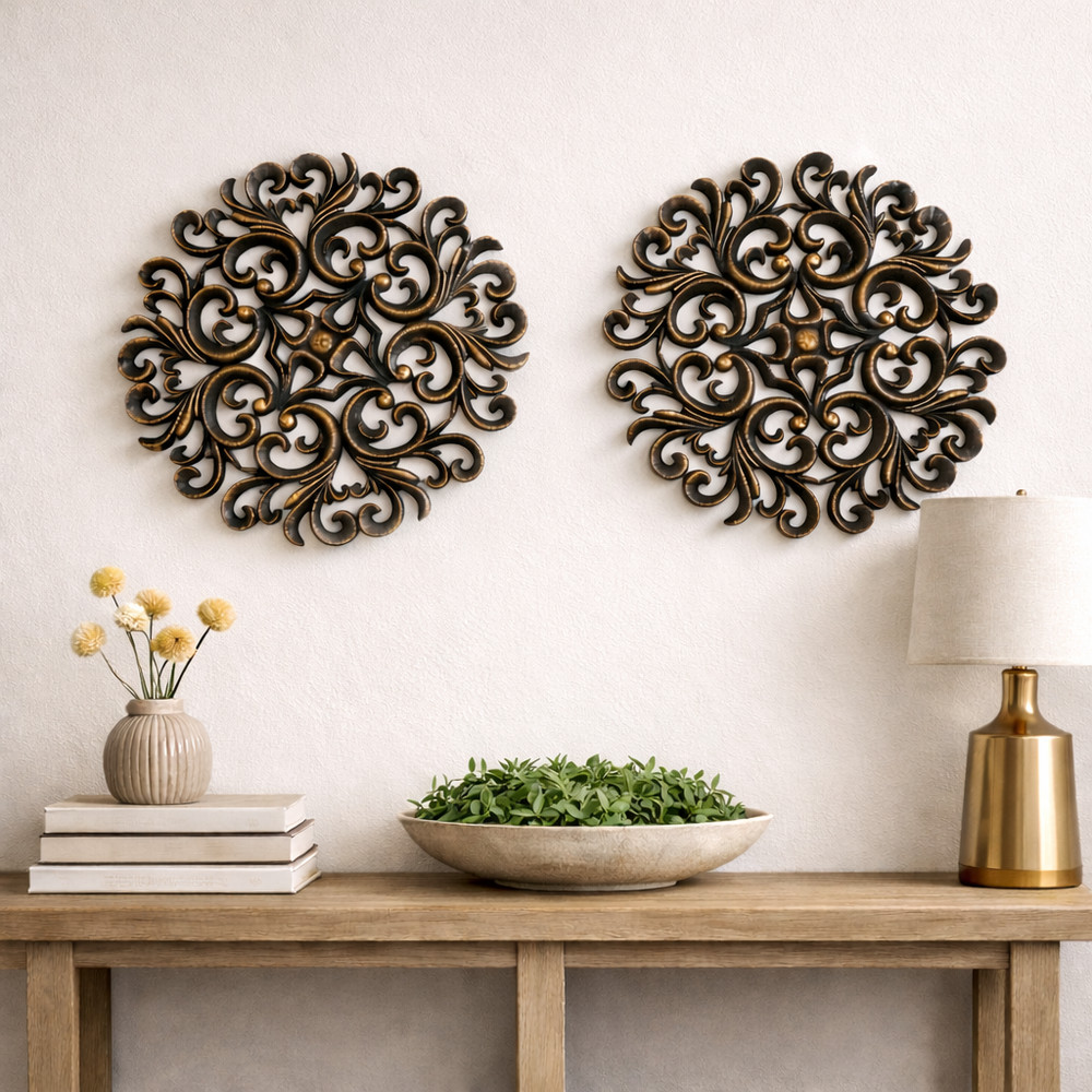 Ornate Scroll Wall Decor Set of 2 Round Medallion Plaques Bronze Tone 13”
