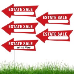 5 PCS Estate Sale Arrow Signs 14.4×5.6 Inch Double Sided Yard Stakes Red