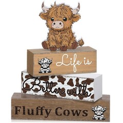 4 Pcs Highland Cow Table Decorations Cow Wooden Signs Rustic Tiered Tray Deco…