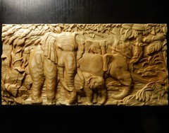 Wood carved picture wall decoration plaque. Elephants in jungle