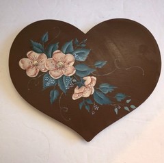 Hand-painted Wooden Heart Plaque Folk Srt Floral Design Cottage Core
