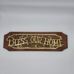 Bless Our Home Brass Floral Wooden Wall Hanging Sign Plaque 17″ Wood Vtg Patina