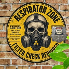Biohazard Warning Skull Wearing Respirator Round 8×8 inch Toxic Gas Metal Sign