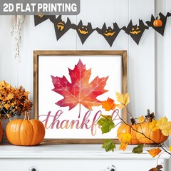 Wooden Frame Print Thankful Watercolor Maple Leaf White Wood Fall Wall Decor