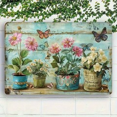 Vintage Metal Sign Flower Pots & Butterflies | Rustic Garden Patio Wall Decor
