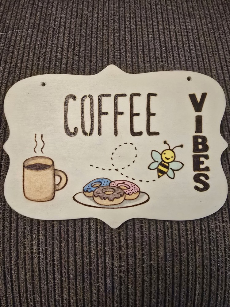 Handmade Woodburning Coffee Vibes Donuts & Bee Illustration Plaque approx 6″x8″