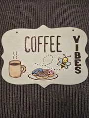 Handmade Woodburning Coffee Vibes Donuts & Bee Illustration Plaque approx 6″x8″