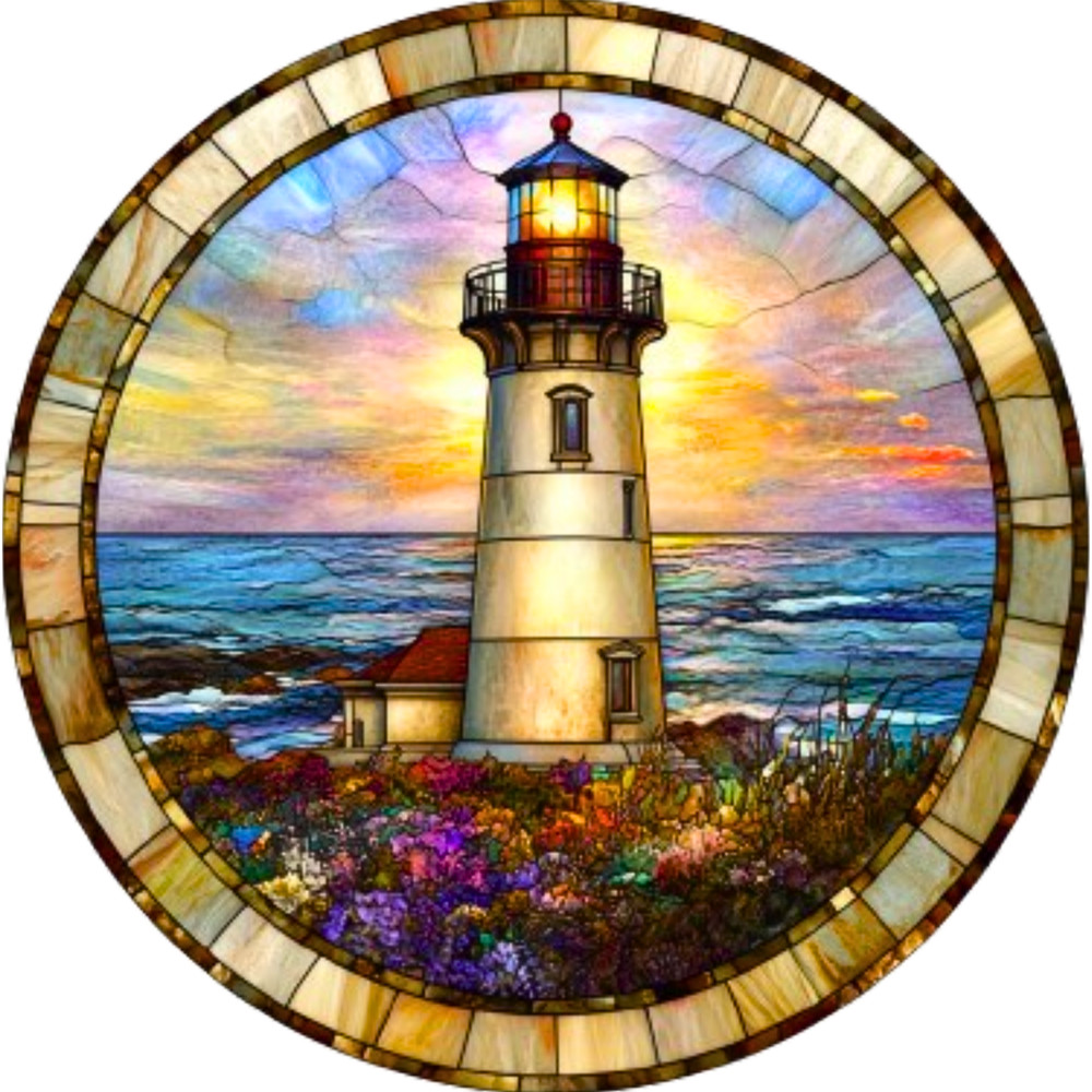 Lighthouse with Sunset Stained Glass Look Wreath Attachment, Sign, Door Hanger