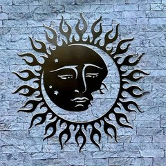 Metal Sun Moon Wall Art Black Celestial Face Ironwork Home Office Decor Gift