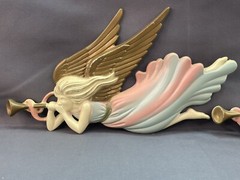 Vintage 2 Metal Pastel Angel Blowing Trumpet Wall Hanging Plaques