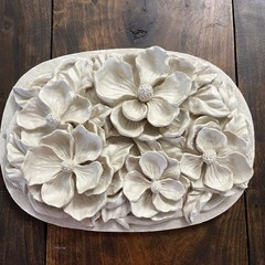 3D Resin Magnolia Floral Wall Plaque Oval Matte White Bas-Relief Decor ~9” X 12”
