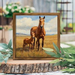 Wooden Framed Mare Foal Prairie Horse Spring Farm Animal Wall Decor
