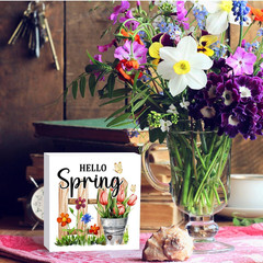 Hello Spring Wood Block Sign,Spring Floral Quote Desk Decor,Spring Themed Wood P