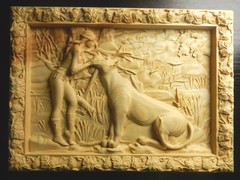 Wood carved picture wall decoration plaque. Young woman and lioness