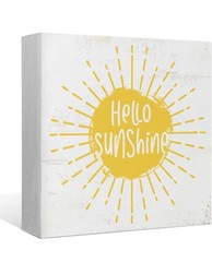 Hello Sunshine Wood Block Sign 5×5 Rustic Farmhouse Shelf Decor Yellow Sun