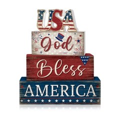 4 Pcs Patriotic Tiered Tray Decor Set, 4th of July Table Sign Farmhouse Red W…