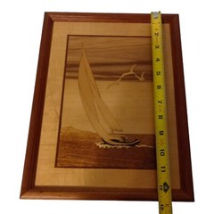 Vtg JEFF NELSON Marquetry Wood Wall Plaque Inlaid Decor Sail Boat Hudson River