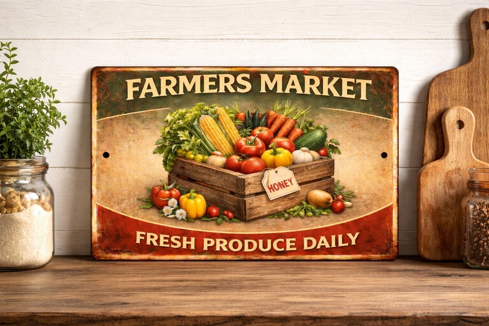 Farmers Market Metal Tin Sign Fresh Produce Daily Rustic Farmhouse Kitchen Decor