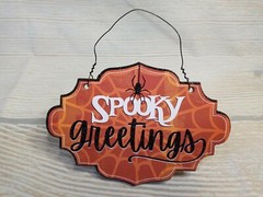 New! “Spooky Greetings” Spider Web Glitter Hanging Sign Decor Fall Halloween