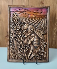 Bee Lavender Wood Wall Art, 3D Relief Carving, Handmade Maple Hardwood Garden De
