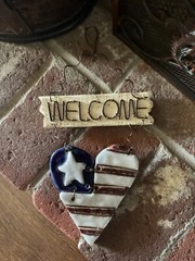 Handmade Ceramic Patriotic Heart Wall Welcome Sign Red White Blue Stars Stripes