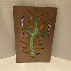 Glass Art Gold Painted Wood Wall Plaque Signed by Artist Green Yellow Purple