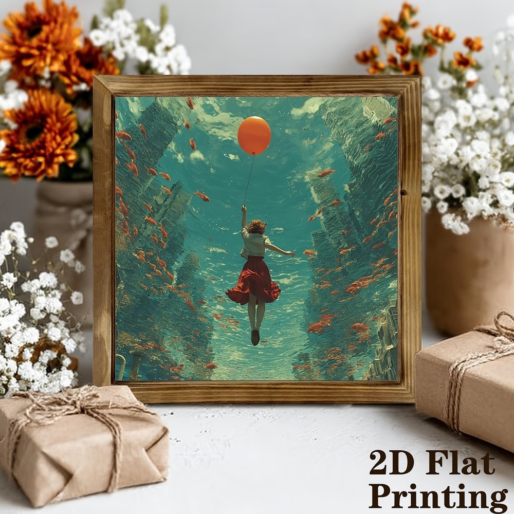 2D Farmhouse Deep Sea City Floating Girl Balloon Wooden Wall Art Sign Home Decor