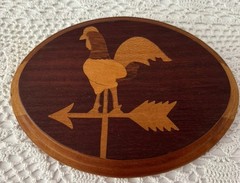 Vtg Carved Rooster Inlay. Plaque Wall Hanging Oval 9 in. X 6.5 in. S.