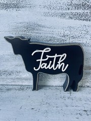 Faith Distressed Black Cow Farmhouse Shelf Sitter NEW