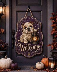Halloween Bulldog Wooden Sign Welcome Door Hanger for Front Porch Entry