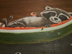 1980s Hand Painted Wood Hanging Plaque Raccoon On Watermelon 16×12