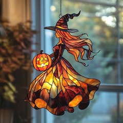 Autumn Witch Acrylic Suncatcher – Stained Glass Style Halloween Decor