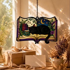 Black Cat & Moon Acrylic Suncatcher – Celestial Witchy Window Decor
