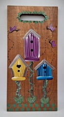 Hand Painted Wood Wall Hanging Whimsical Birdhouses Butterflies